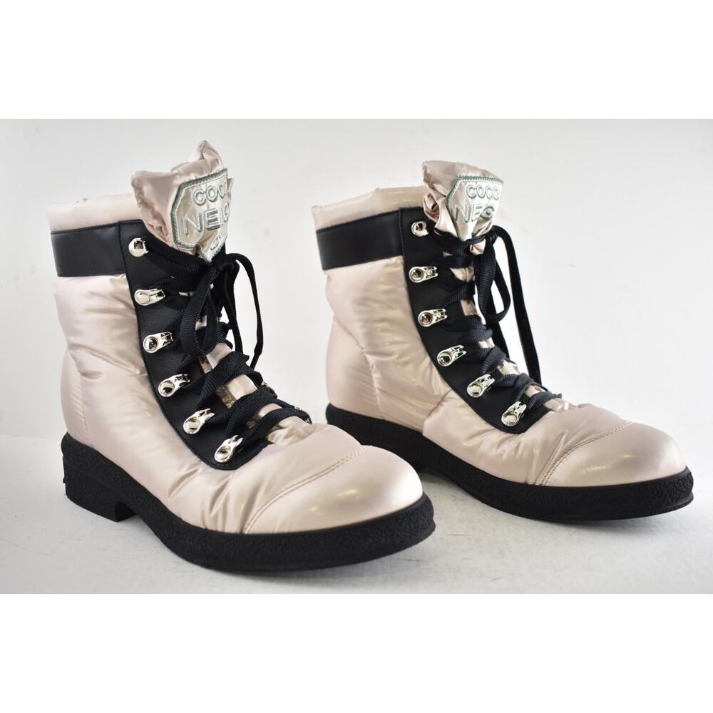 Chanel 18B Coco Neige Pink Black CC Logo Snow Winter Lace Up Tie Combat Boots 37 - Picture 3 of 16